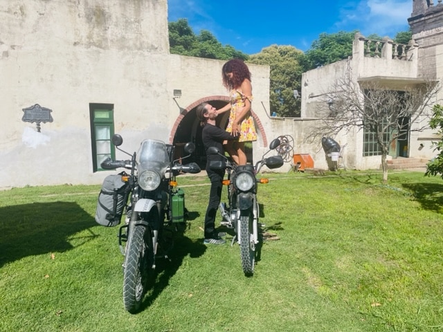 Adriana Potts with Rusty and their motorbikes