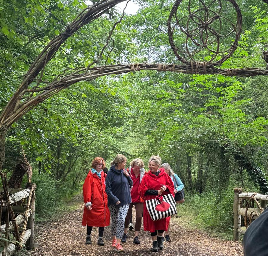 Midlife women walking in woods in coats