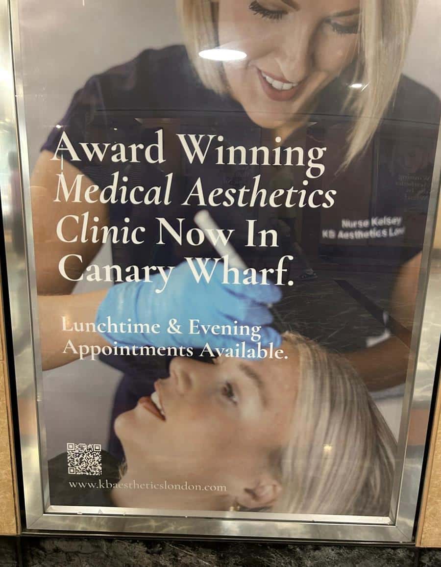 Advertisement for facial injections with woman's face