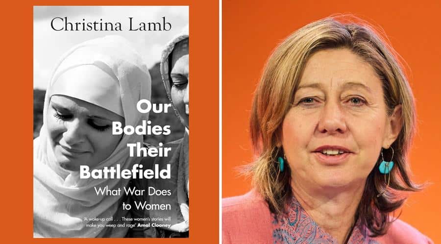 Writer Christina Lamb and her book Our Bodies Their Battlefield on orange background