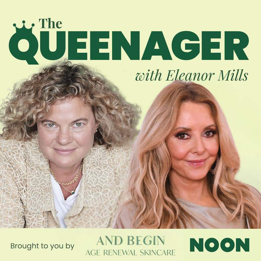 The Queenager podcast logo with Eleanor Mills and Carol Voderman