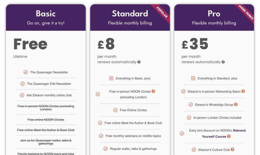 screenshot of NOON membership options