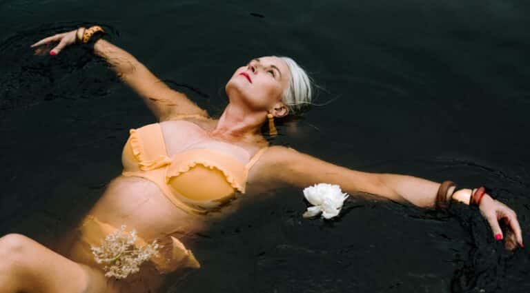 midlife model Rachel Peru modelling in a pool